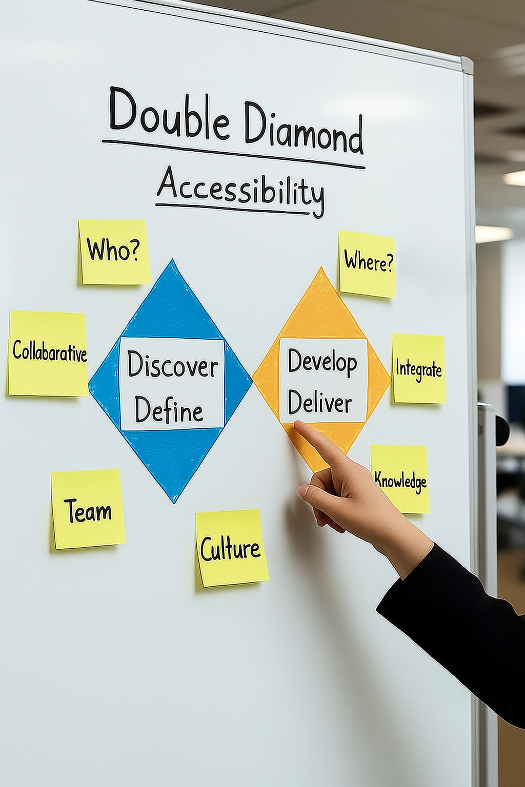 A whiteboard illustrating the Double Diamond process. Post-it notes with words connected to teamwork is surrounding the Double Diamond illustration.