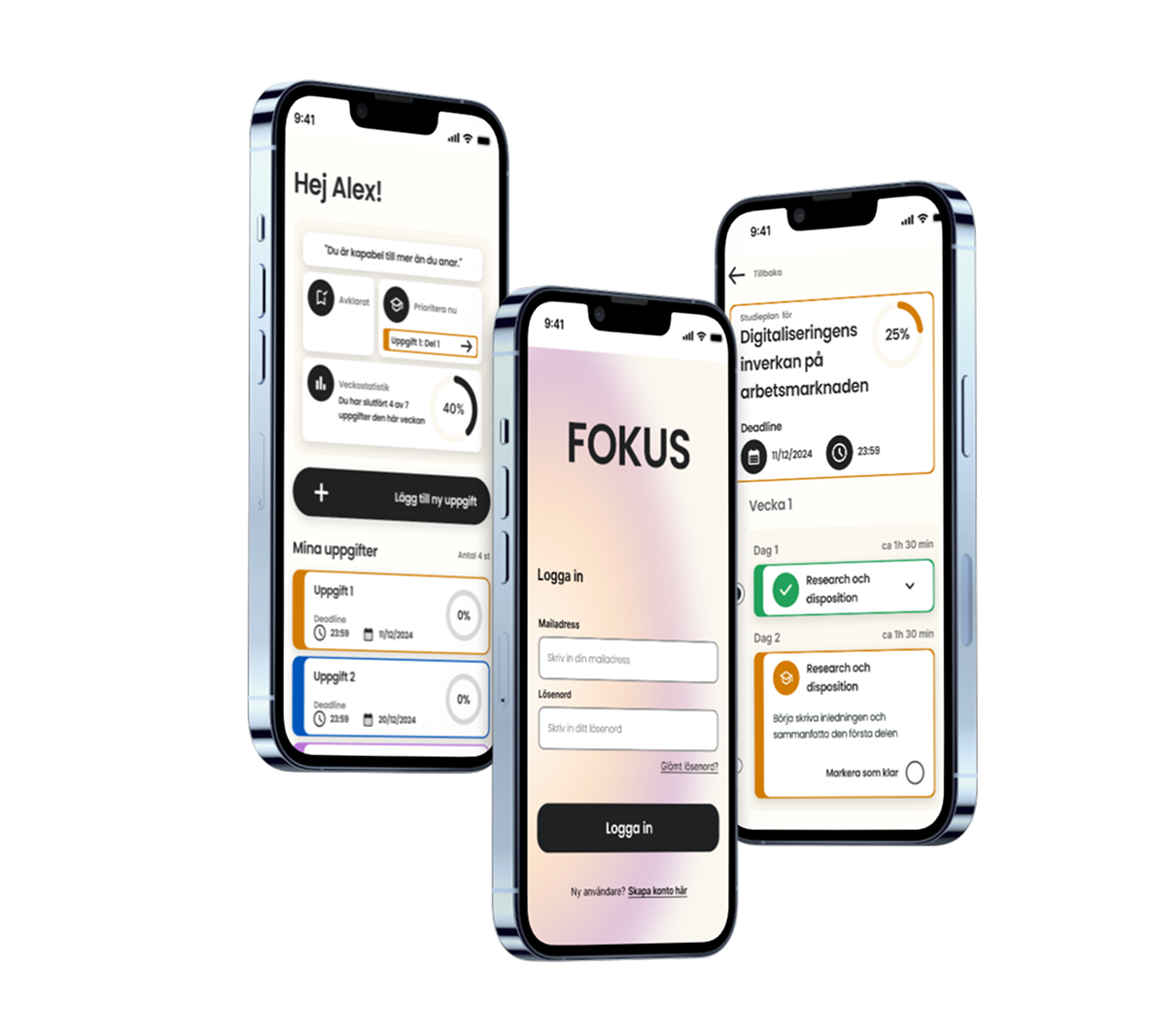 Three smartphones displaying parts of the study-app Fokus interface: The startpage for a logged in user, the log in interface and an interface displaying tasks in Fokus.