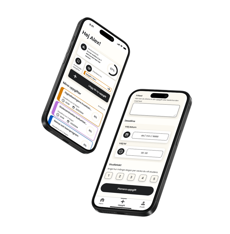 Two smartphones displaying mockups of the app Fokus: Dashboard and welcome-page as well as the uploading-page for assignments.