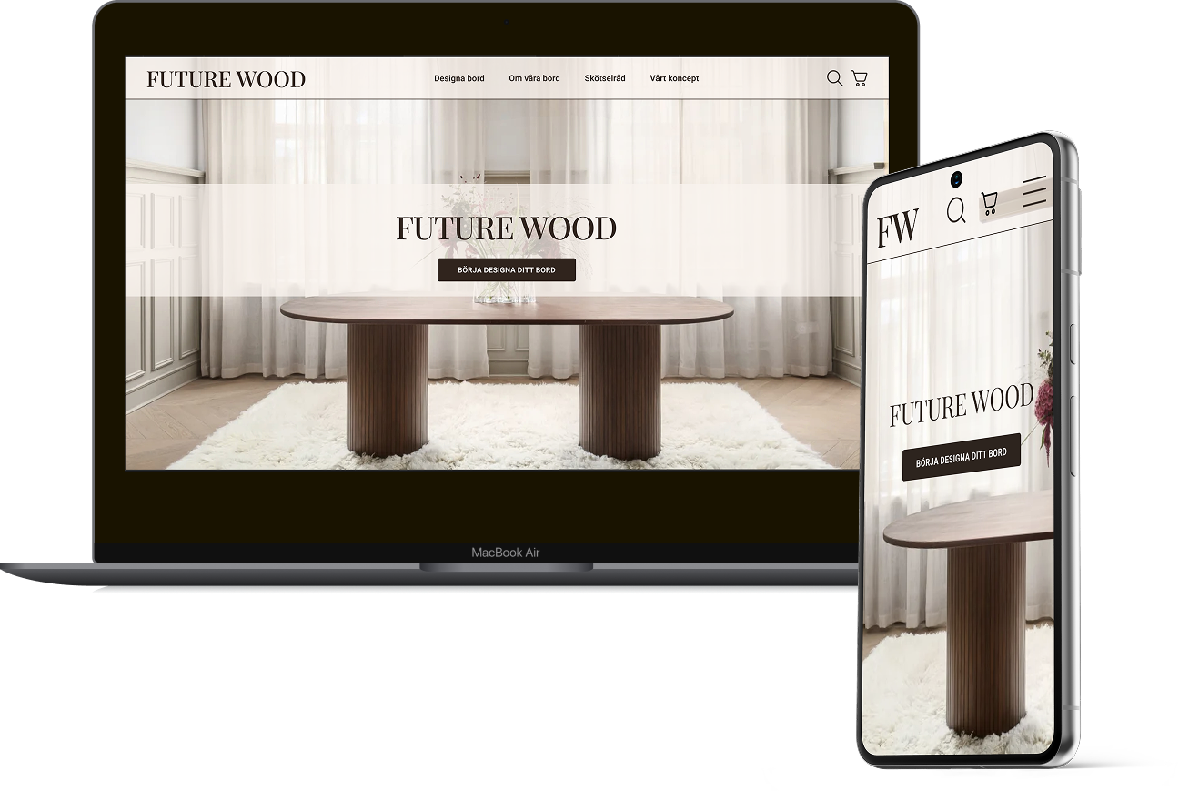 A laptop and smartphone displaying the landingpage of Future Wood, the backgroundimage is a luxurious wooden table set on a fluffy white carpet, in front of light curtains draped before large windows.