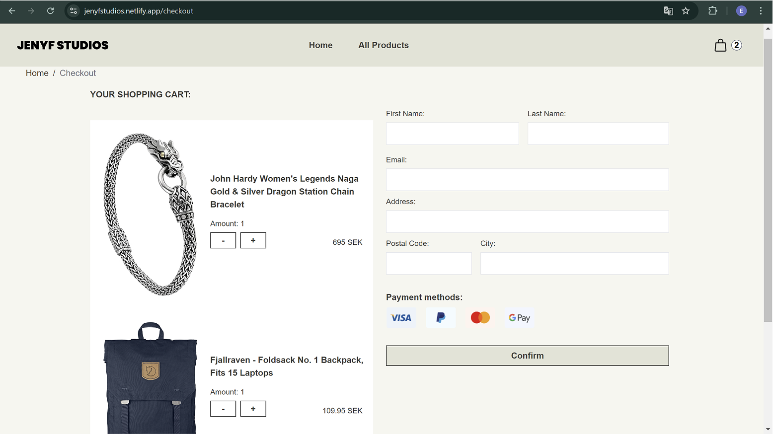 OVerview of Jenyf checkout where the shoppingcart consists of a bracelet and a blue backpack. To the right there is a form for contact details for the customer and a 'Confirm'-button.