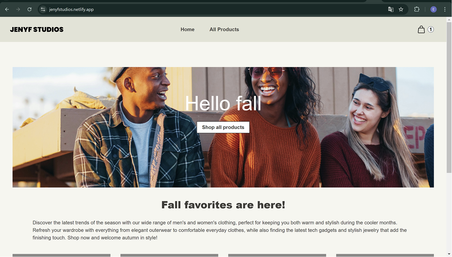 Jenyf landingpage with the heading 'Hello fall' and a button that says 'Shop all products'. The background is three young people smiling, dressed in warmer clothes fit to fall season.