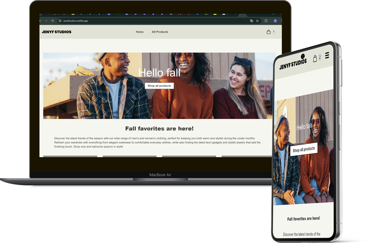 A laptop and smartphone showcases the landingpage of Jeny-site. The heading says 'Fall favourites are here' and there is an image of three persons lauging in clothes that fit well during fall-season