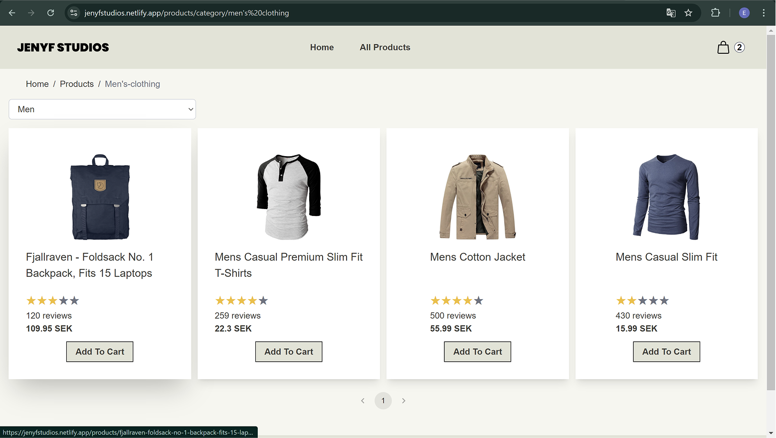 Overview of the Jenyf productpage - showing one backpack, one t-shirt and two jackets.