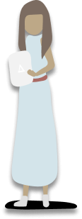 Avatar of a woman in a white dress, holding a notepad.