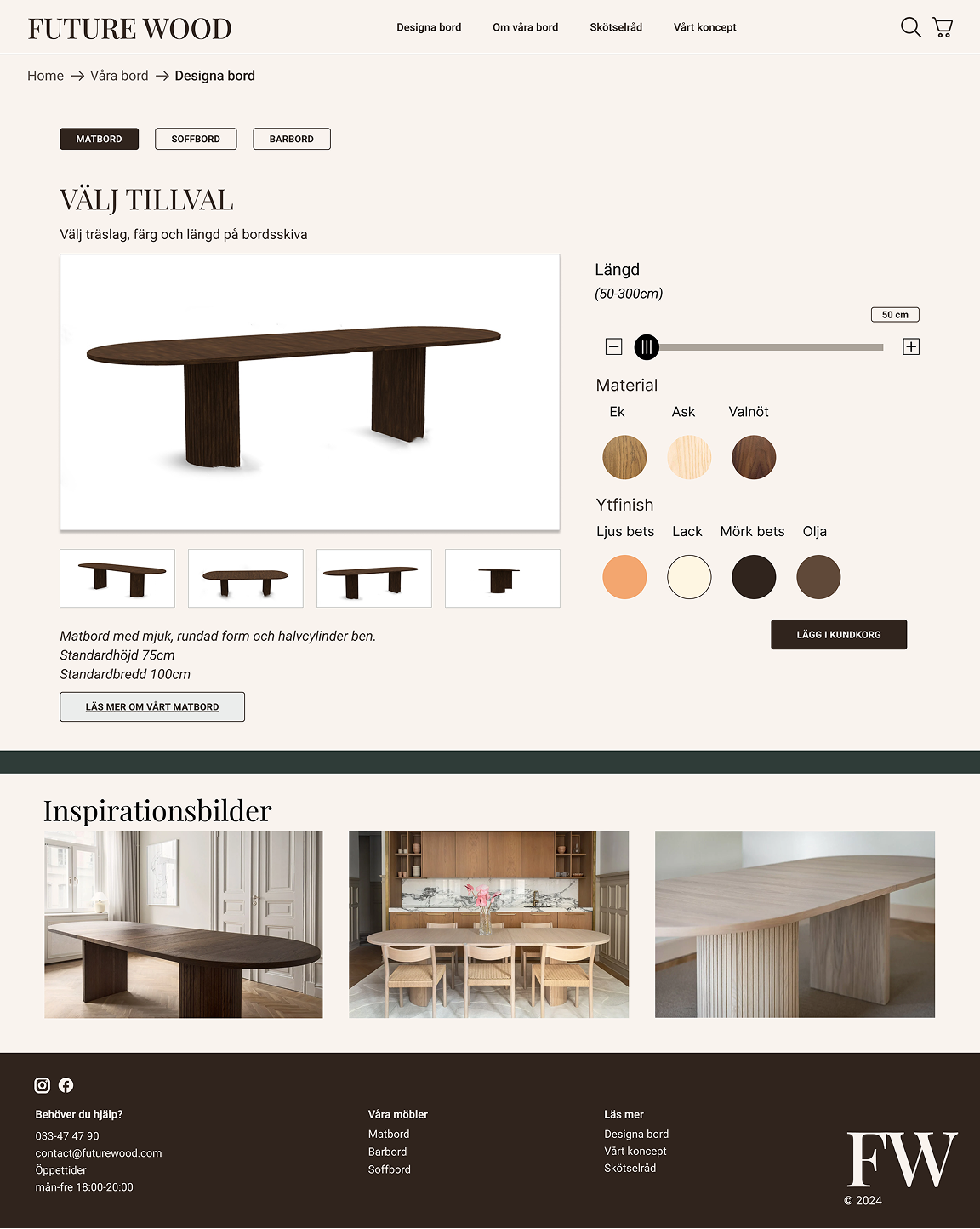 Overview of customization-page for Future Wood tables. To the right there is a slider for length-ratio, underneath it there are circles for colors or wood.