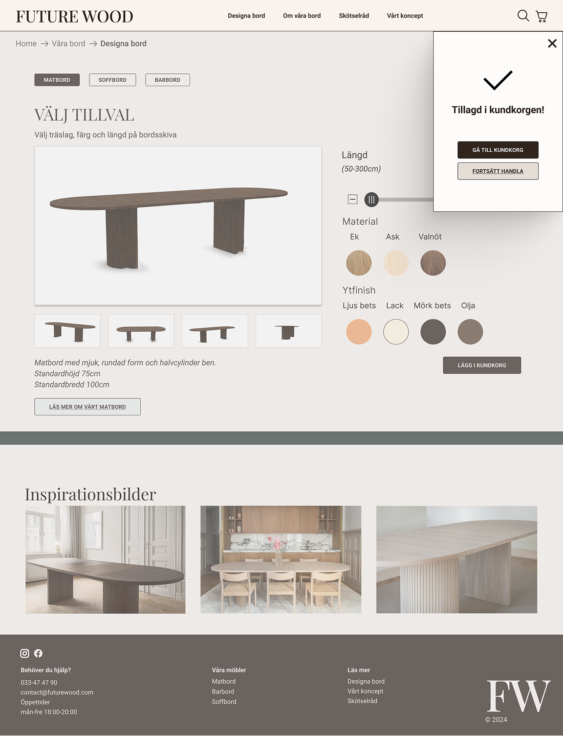 Overview of customization-page for Future Wood tables. The screen is slightly greyed out and to the right there is a popup that confirms an item has been put in the customer cart. Two buttons giving the user the choice of continuing shopping or proceed to checkout.