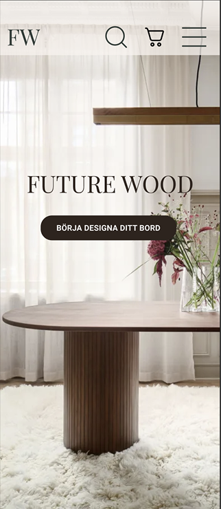 Mockup landingpage of Future Wood, a large wooden table in the background and a brown CTA-button with rounded edges