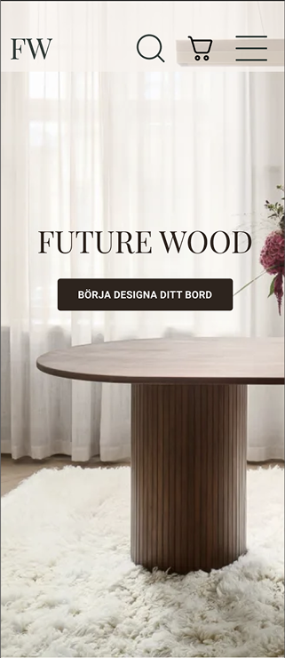 Mockup landingpage of Future Wood, a large wooden table in the background and a brown CTA-button with sharp edges