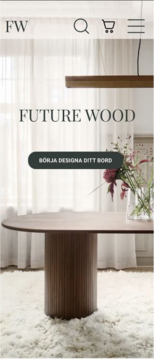 Mockup landingpage of Future Wood, a large wooden table in the background and a green CTA-button with rounded edges