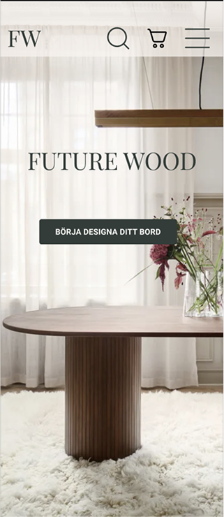 Mockup landingpage of Future Wood, a large wooden table in the background and a green CTA-button with sharp edges