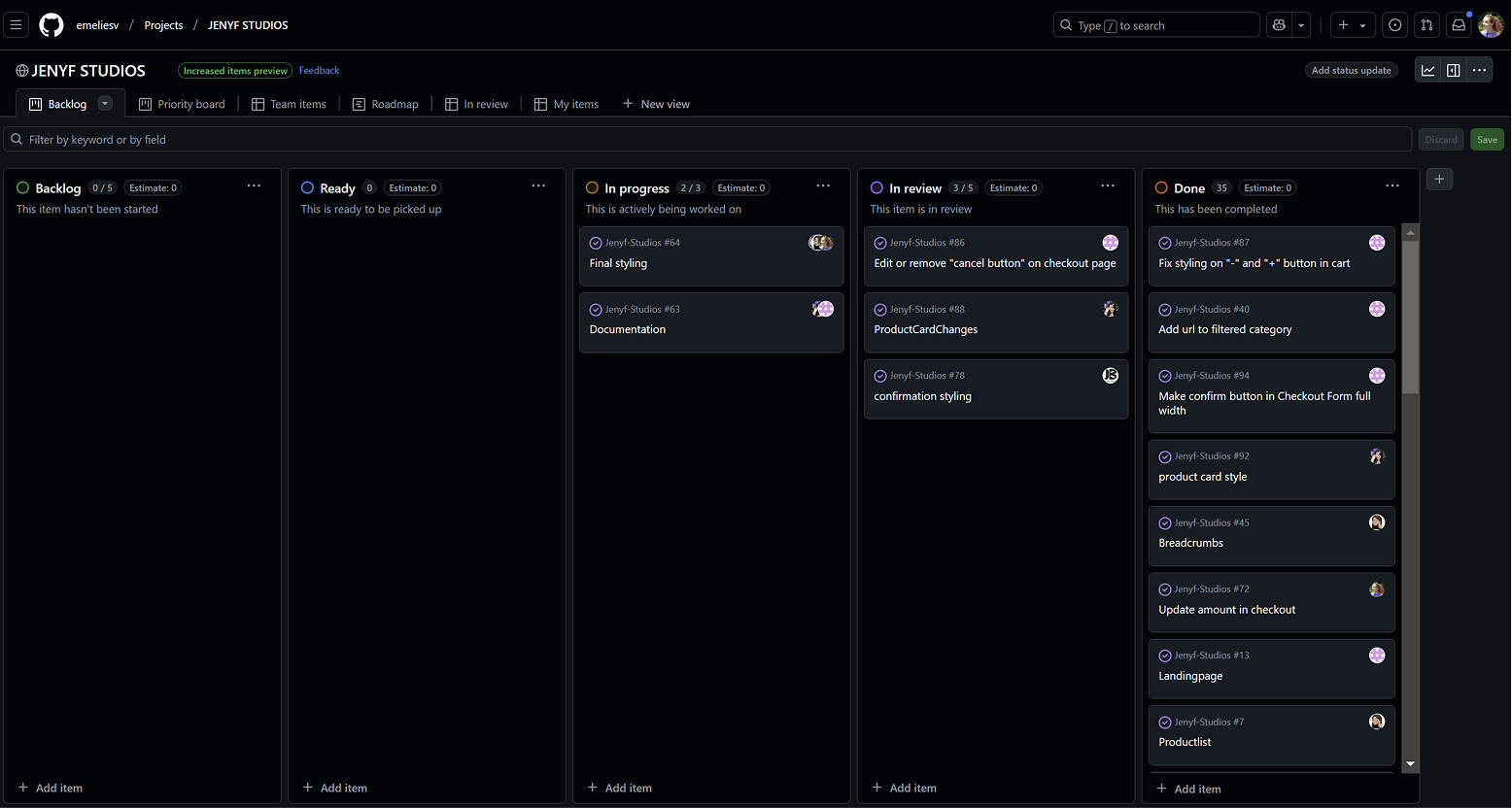 An overview of the GitHub Projectsboard with columns for 'Backlog', 'Ready', 'In progress', 'In review' and 'Done'.